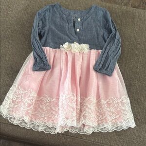 Denim and Pink Long Sleeve Bishop Sleeve V Neck Sundress